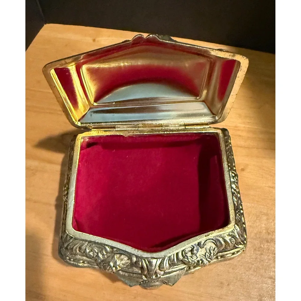 Vintage Small Jewelry Box Gold Tone Floral Footed Trinket Box Made in Japan